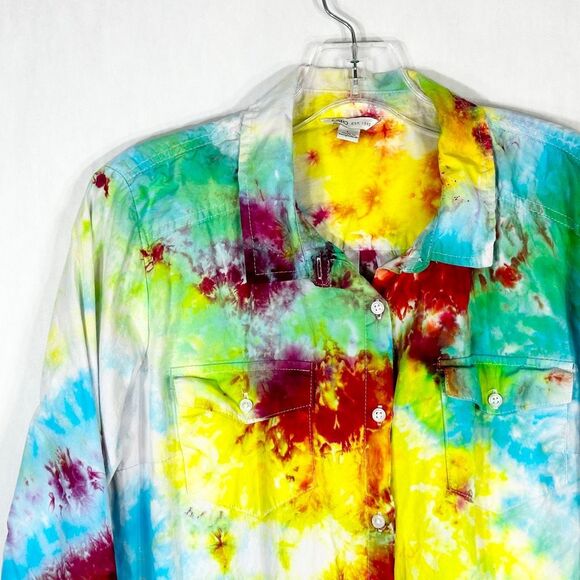 Cato Size Large Top The Drama Tie Dye Handmade Button Down Pink Green Cotton 954 - Picture 2 of 12